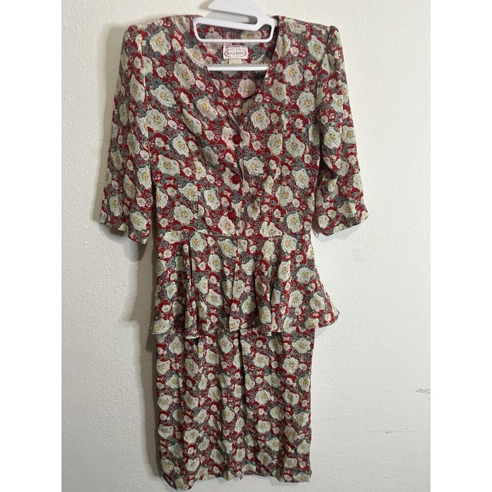Vintage Amy-Deb Belted Red Floral Midi Dress Woman’s Size 8